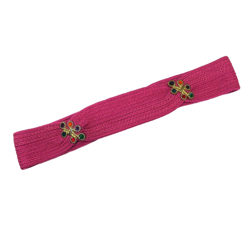 Vintage Hot Pink Woven Belt with Multicolor Rainbow Gem Rhinestones Retro Belt